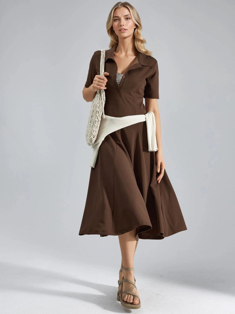 BUSEM Midi A-Line Dress with Shirt Collar - Image 5